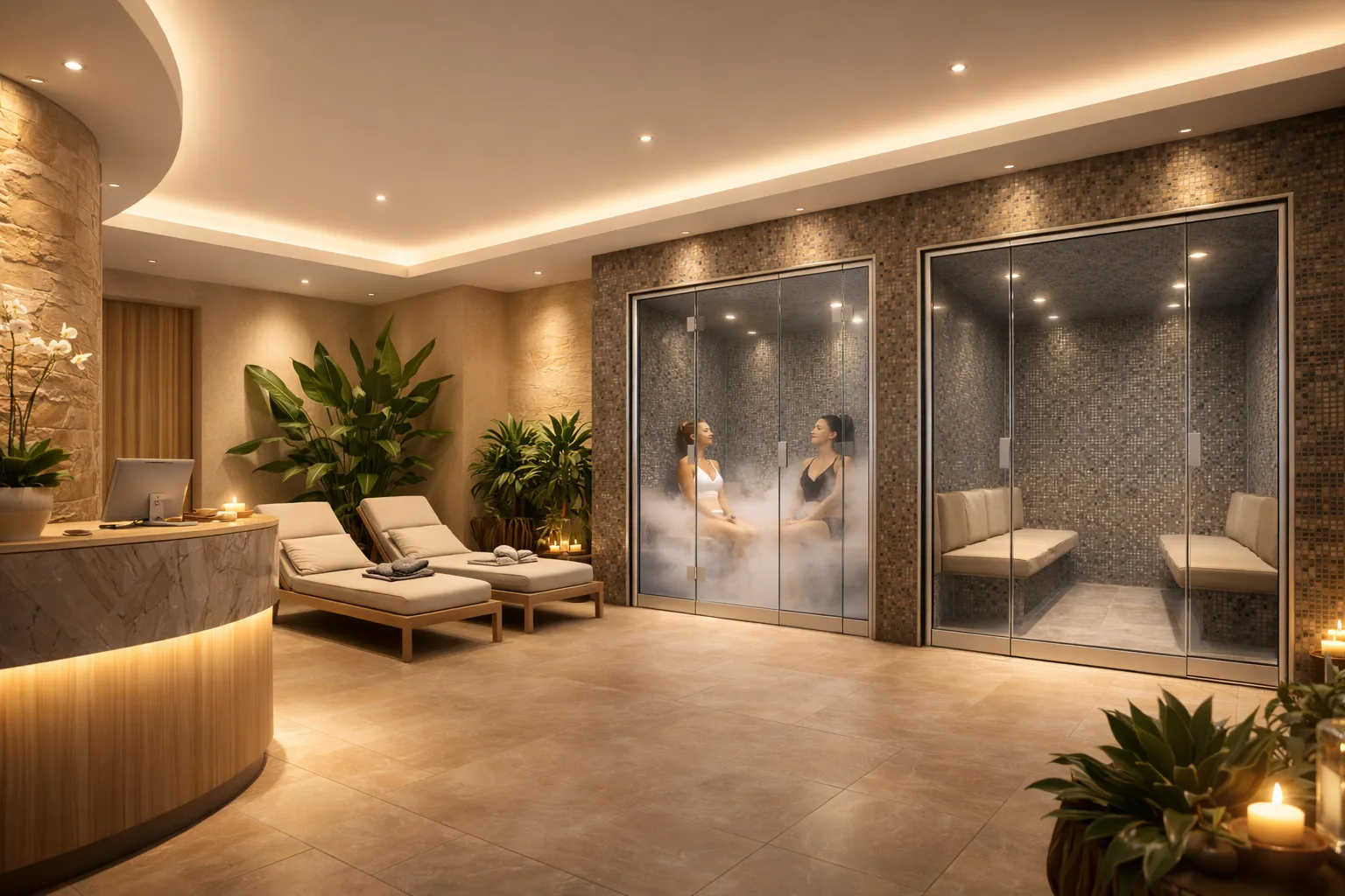 Δύο θάλαμοι PoolDesign Thermal Cycle Experience σε χώρο ευεξίας με ζώνη χαλάρωσης