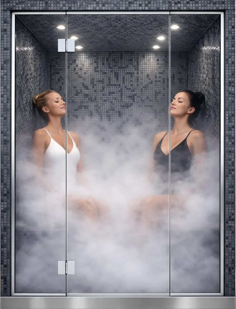 Δύο χρήστριες στο PoolDesign Thermal Cycle Experience σε περιβάλλον ευεξίας υψηλής αισθητικής